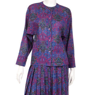 1980s Yves Saint Laurent Purple Floral Wool Challis Dolman Blouse