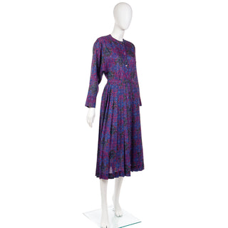 1980s Yves Saint Laurent Purple Floral Wool Challis Dress Blouse & Skirt Outfit