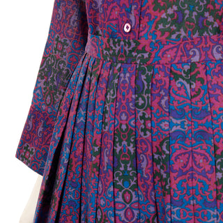 1980s Yves Saint Laurent Purple Floral Wool Challis Blouse & Skirt Outfit 2 pc Dress Detail