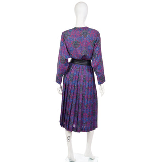 1980s Yves Saint Laurent Purple Floral Wool Challis Blouse & Skirt Outfit YSL Dress