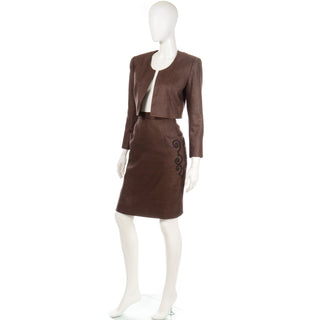 1980s Yves Saint Laurent Brown Linen 2 Pc Skirt & Cropped Jacket Suit w black embroidery