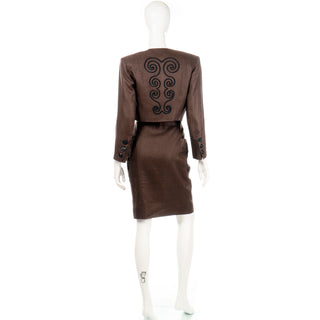 1980s Yves Saint Laurent Brown Linen 2 Pc Skirt & Cropped Jacket Suit with embroidery