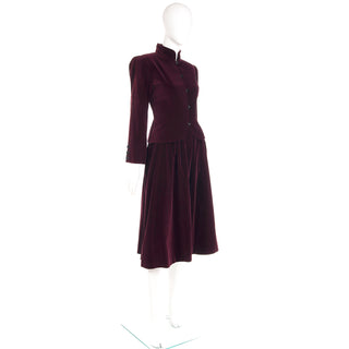 1980s YSL Russian Inspired Wine Burgundy Velvet Suit Outfit w/ Skirt & Jacket