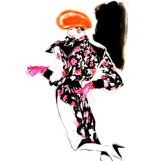 1984 Yves Saint Laurent Floral Runway Dress w Black Velvet Trim YSL collectible fashion
