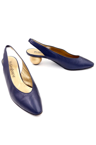 1980s Yves Saint Laurent Shoes Navy Blue Slingbacks With Gold Ball Heels