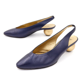 1980s Yves Saint Laurent Shoes Navy Blue Slingbacks W Gold Ball Heels 7.5 