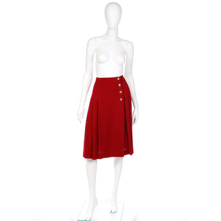 Vintage 1990s Yves Saint Laurent Burgundy Red Boucle Wool Pleated Skirt