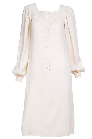 1970s Yves Saint Laurent Cream Jersey Dress w Bishop Sleeves
