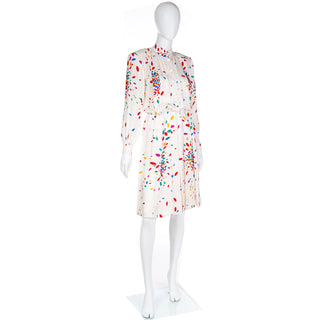 1980s Yves Saint Laurent Tonal Print Ivory Silk Dress w Colorful Shapes Multi colored