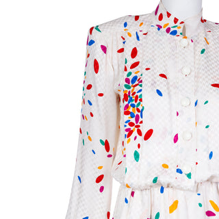 1980s Yves Saint Laurent Tonal Print Ivory Silk Dress w Colorful Shapes from Modig YSL collection