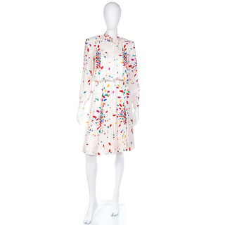1980s Yves Saint Laurent Tonal Print Ivory Silk Dress w Colorful Shapes Polka dots