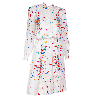 1980s Yves Saint Laurent Tonal Print Ivory Silk Dress w Colorful Shapes Made in France