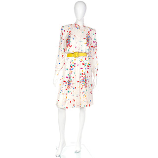 YSL 1980s Yves Saint Laurent Tonal Print Ivory Silk Dress w Colorful Shapes