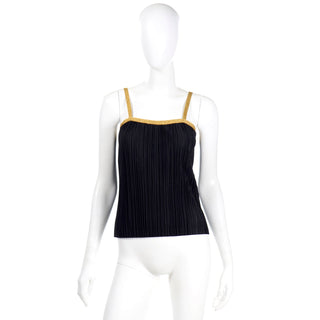 1970s Yves Saint Laurent Black Ribbed Camisole Top With Gold Trim YSL