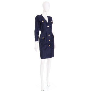 YSL 1987 Yves Saint Laurent Vintage Navy Blue Linen Dress w Gold Buttons