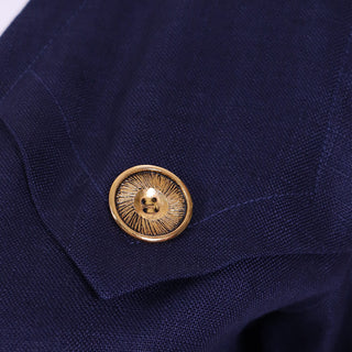 1987 Yves Saint Laurent Vintage Navy Blue Linen Dress w Gold decorative Buttons