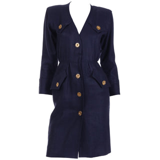 1987 Yves Saint Laurent Vintage Navy Blue Flax Linen Dress w Gold Buttons 
