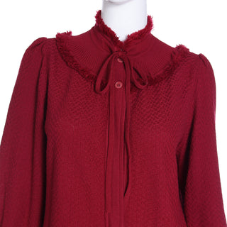 1970s Yves Saint Laurent Burgundy Red Knit Long Sweater w Fringe at yoke cuffs and neck