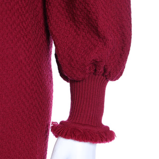 1970s Yves Saint Laurent Burgundy Red Knit Long Sweater w Fringe w Bishop Sleeves