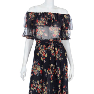 Vintage YSL off shoulder sheer cotton floral dress with puff sleeves