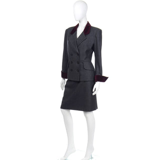 Yves Saint Laurent Grey Wool Skirt & Jacket Suit w Burgundy Red Velvet Trim 2 piece