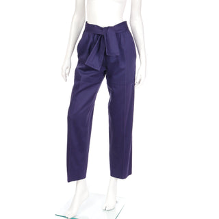YSL 1980s Yves Saint Laurent Purple Cotton Trousers W Attached Sash Belt Made in France