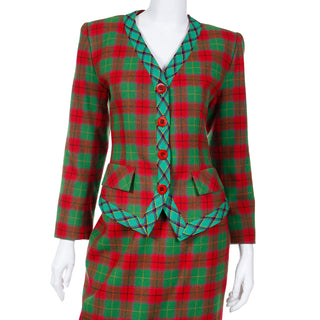 1995 Yves Saint Laurent Red & Green Plaid Cashmere & Wool Skirt Suit with buttons