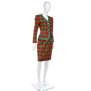 YSL 1995 Yves Saint Laurent Red & Green Plaid Cashmere & Wool Skirt Suit