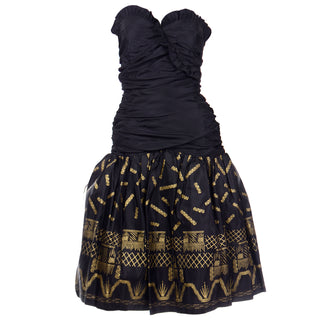 1980s Zandra Rhodes Black Strapless Evening Dress w Gold Stencil Design