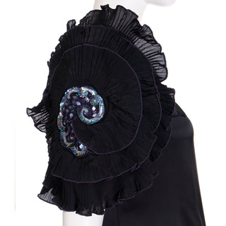 1980s Zandra Rhodes London Vintage Black Silk Blend Evening Dress w dramatic sleeves