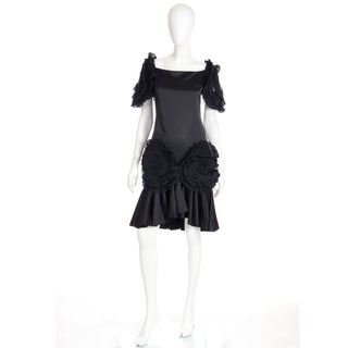 1980s Zandra Rhodes London Vintage Black Silk Blend Evening Dress w sequins