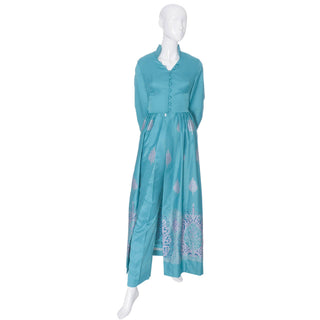 1970s Alfred Shaheen turquoise pant and dress ensemble 