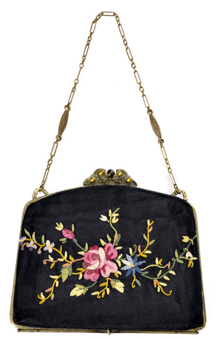 Antique Embroidered Crewel Victorian Hinged Handbag - Dressing Vintage
