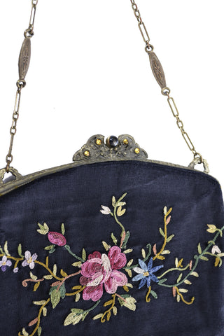 Antique Embroidered Crewel Victorian Hinged Handbag - Dressing Vintage