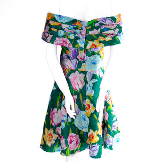 1980s Arnold Scaasi Vintage Dress Off Shoulder in Floral Organza Green silk size 6 or 8
