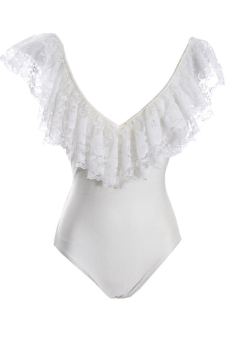 1980s Bill Blass Vintage One Piece Swimsuit with White Lace Skirt Small - Dressing Vintage