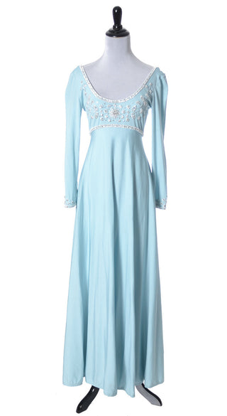 Blue Jersey Beaded Vintage Maxi Dress Victoria Royal Hong Kong - Dressing Vintage