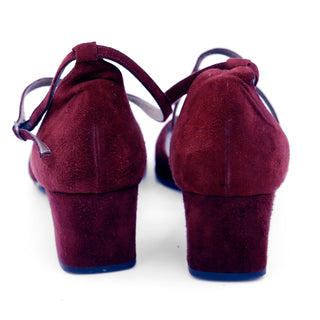 1990s Yves Saint Laurent Vintage Burgundy Suede Cross Strap Block Heel Shoes Sz 10