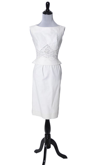 1960's Vintage Carlye White Pique Peplum & Lace 2 Piece Dress - Dressing Vintage