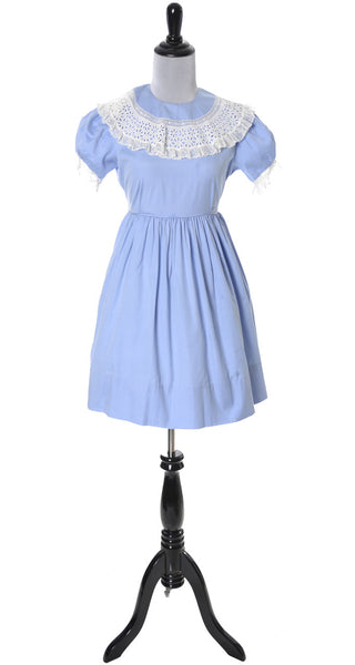 Celeste Vintage Little Girl's Pretty Blue Dress with Lace Collar - Dressing Vintage