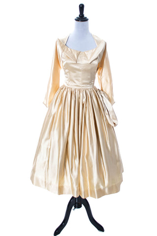 1950s Vintage Wedding Dress in Champagne Satin w Bolero Jacket - Dressing Vintage