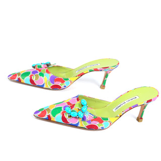 Manolo Blahnik Bold Colorful Pointed Toe Mules W Blue Buckles Lime Green inner soles