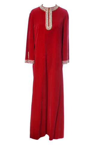 1960s Red Silk Velvet Beaded Rhinestones Dress - Dressing Vintage