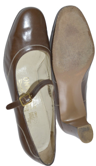 Brown Leather Salvatore Ferragamo Mary Janes 8.5 Vintage Shoes - Dressing Vintage