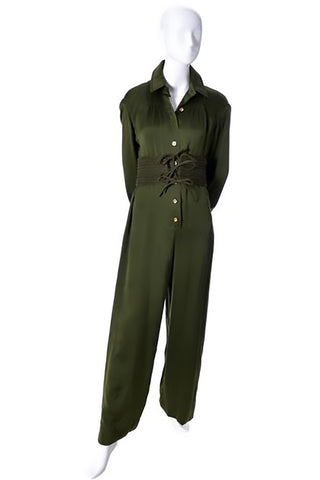 Galanos army green vintage jumpsuit w/ belt at dressingvintage.com