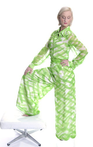 1960s Fred Perlberg Originals Vintage Palazzo Pants Outfit As New Green Silk Chiffon - Dressing Vintage