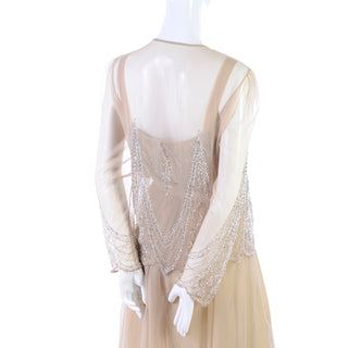 1970s Jack Bryan 1920s Style Beaded Sand Dress With Sheer Chiffon Jacket silver beads