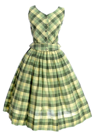 Green and yellow plaid two piece vintage dress