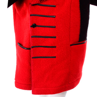 Jean-Charles de Castelbajac red and black wool hooded coat with black leather stripes