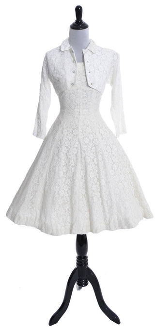 1950's White Lace Lorrie Deb Vintage Princess Cut Wedding Dress Bolero - Dressing Vintage